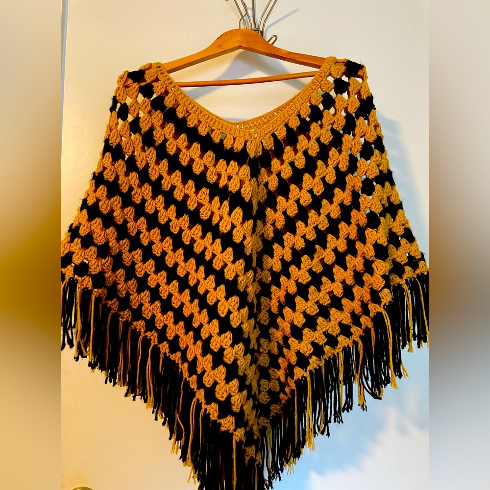 Crochet yellow/light brown and black poncho - one size